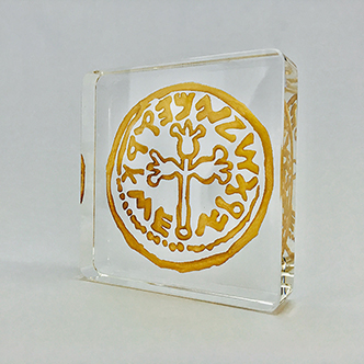 Crystal ancient coin sculptures with golden hue highlights Rimon