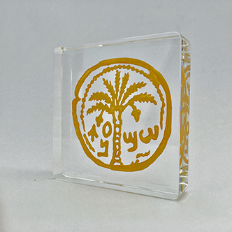 Crystal ancient coin sculptures with golden hue highlights Palm 