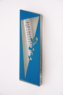 Large Clear matte Mezuzah with blue laser cut aluminium appliqué 